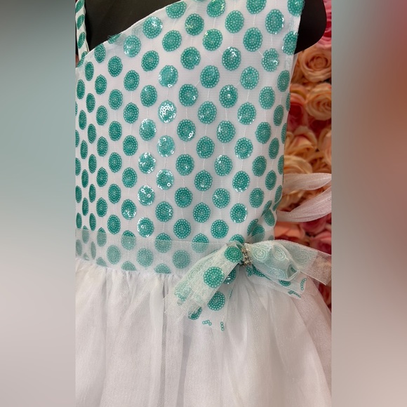 Little Girls White with Aqua Mint Bodice Dress Size 12 # M912 - Picture 4 of 11
